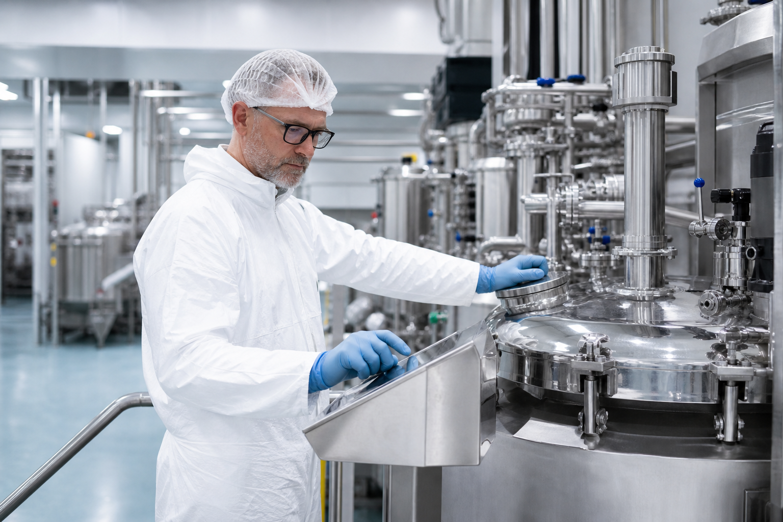 A specialist inspecting modern pharmaceutical manufacturing equipment