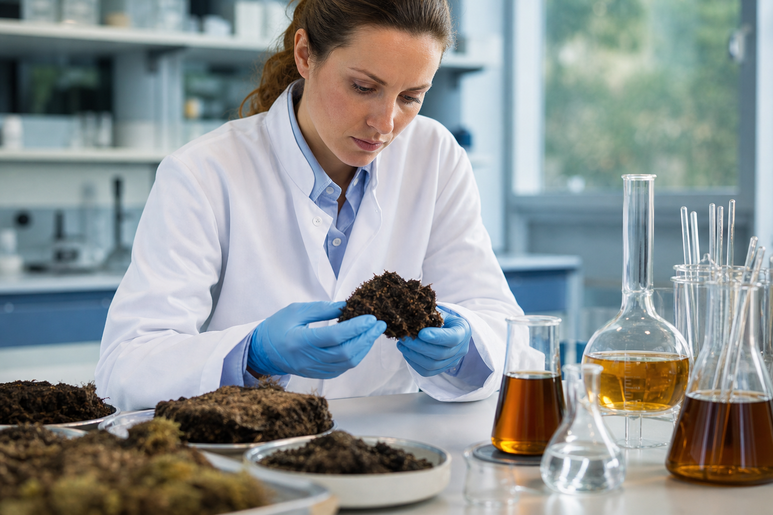 A laboratory specialist examining a natural peat sample