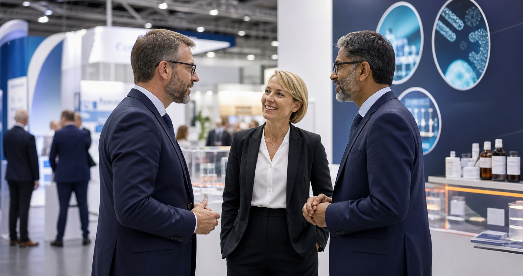 International professionals talking at a modern animal health trade exhibition